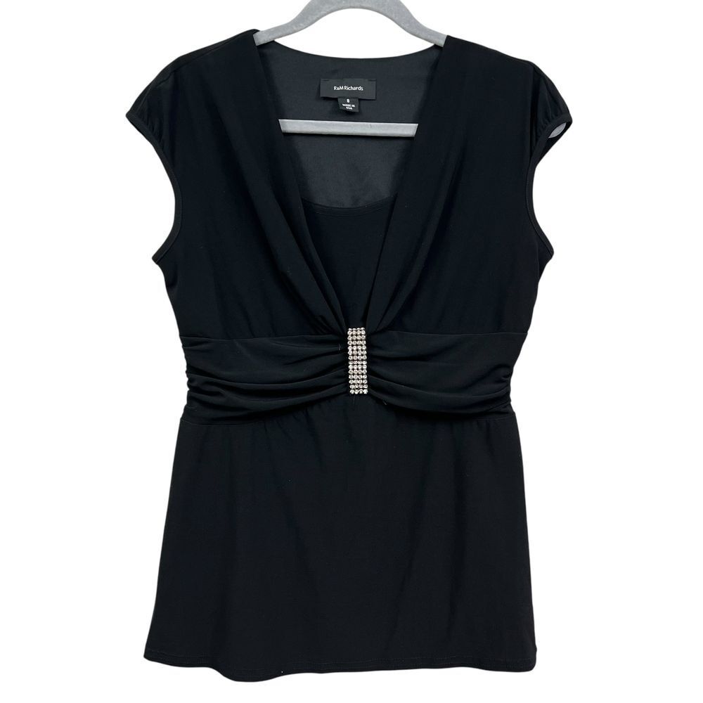 R&M Richards Womens Evening Top Blouse Crystal Embellishment Ruched Black Sz 8*